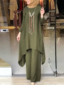 2 ADET Moda Geniş Bacak Pantolon Setleri Türkiye Abaya Başörtüsü İslam Giyim ZANZEA Zarif Kadın Dubai Eşofman Müslüman Eşleşen Takım Elbise