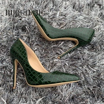 2019 Moda Seksi Yeşil Kadın Pompaları Sivri Burun Stilettos Topuklu Ayakkabı Kadın Patent Deri Bayan Yüksek Topuklu Ayakkabı 12 cm 10 cm 8 cm