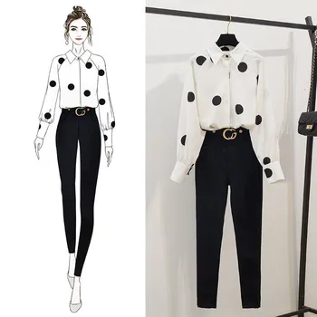 2020 Bahar Kadın Uzun Kollu Nokta Gömlek + ince pantolon 2 adet Setleri Kadın Moda Takım Elbise A1834