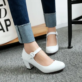 2020 Kadın Ayakkabı Mary Jane Bayanlar Yuvarlak Ayak Yüksek Topuklu Beyaz Düğün Ayakkabı Kalın Topuk Pompaları Bayan Ayakkabıları Siyah Pembe Artı boyutu