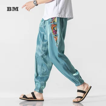 2021 Yaz Japon Ultra İnce Buz İpek harem pantolon Ulusal Tarzı Patchwork Joggers Çin Tarzı Artı Boyutu eşofman altları Erkekler