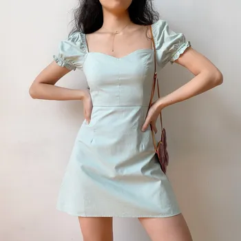 2021 Yaz Kadın Tatlı Kare Yaka Mavi Yeşil Seksi Bodycom Elbiseler Puf Kollu Yüksek Bel A-line Zarif Vintage Mini Elbise