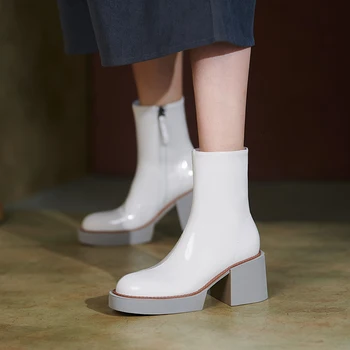2022 beyaz Kış Kadın ayakkabı Hakiki Deri Kadın Çizmeler Platformu Tıknaz Çizmeler Kadın Düz Kadın yüksek topuklu ayakkabı çizmeler