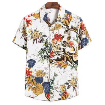 2022 Erkek Gömlek Etnik Kısa Kollu Casual havai gömleği Bluz Gevşek Fit Plaj Vintage Çiçek Kuş Baskılı Gömlek Erkek Üst