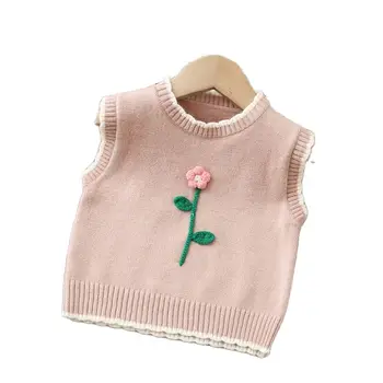 2022 İlkbahar Sonbahar Bebek Kız Giysileri Kolsuz Örgü Kazak 3D çiçek dekorasyonu Çocuk Giysileri 1-5 Yıl