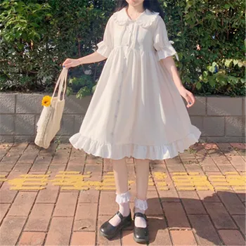 2022 Japon Lolita Tarzı Yaz Kadın Beyaz Elbise Peter Pan Yaka Yüksek Bel Gevşek Elbise Parlama Kollu Parti Sevimli Kawaii Elbise