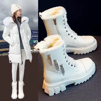 2022 Kar Botları kadın Deri Kış Su Geçirmez Kaymaz Polar Sıcak pamuklu ayakkabılar