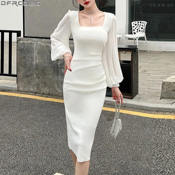 2022 Kore Tarzı Moda Siyah Beyaz Elbise Kadınlar Zarif Uzun Kollu İnce Bodycon Elbise Katı Seksi Parti Kalem Vestido Midi