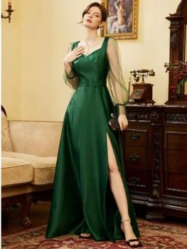2022 Koyu Yeşil Saten V Boyun Kokteyl Elbiseleri Kadınlar için Yüksek Yarık Hollow Out Tül Sevgililer Günü balo elbisesi Vestidos De Fiesta