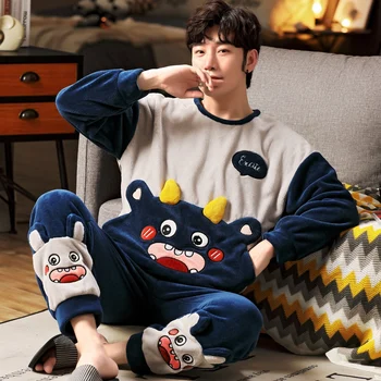 2022 Kış Artı Boyutu Uzun Kollu Kalın Sıcak Pazen Pijama Seti Erkekler İçin Kore Sevimli Karikatür Pijama Erkek Gecelik Ev Giysileri