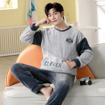 2022 Kış Kalın Sıcak Uzun Kollu Pazen Pijama Setleri Erkekler için Kore Gevşek Mercan Kadife Pijama Pijama Gecelik Ev Giysileri