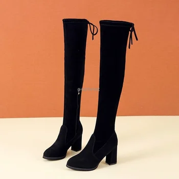 2022 Moda Çizmeler kadın Kış Kalın Topuk Uzun sonbahar Ayakkabı üzerinde Kayma Siyah Ytmtloy Diz Üzerinde Yuvarlak Ayak Botines De Mujer