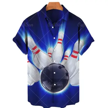2022 Serin Bowling 3d Baskı Spor Gömlek erkek Gömlek Moda Hawaii Gömlek Retro Kısa Kollu Yaka Üstleri Rahat Streetwear