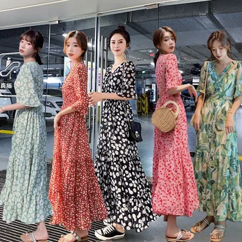 2022 Yaz Yeni Şifon Slim Fit Diz Çiçek Polka Dot Desen Kısa Kollu V Yaka Maxi Elbise Moda Bohemian Elbise