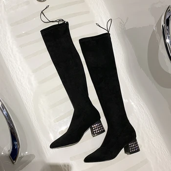2022 Yeni Sonbahar Kış Yeni Çorap Çizmeler Kadın Diz Üzerinde Taklidi Sivri Burun Kalın Topuk İnce Çorap Streç Uzun çizmeler