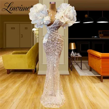 2022 Yeni Varış Uzun Mermaid Çiçek Abiye Couture Artı Boyutu Illusion Boncuk Düğün Parti Elbise Ünlü balo kıyafetleri
