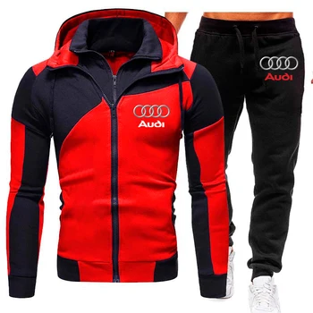 2023 Audi Logosu Eşofman Erkekler 2 Parça Set Kazak + Sweatpants Spor Fermuar Hoodies Casual Erkek giyim Ropa Hombre S-3XL