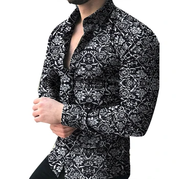 2023 Moda Erkek Çiçek Baskı Slim Fit Uzun Kollu Üst Düğme Turn Down Yaka Gömlek adam Erkek Casual Bluz Gömlek Hırka