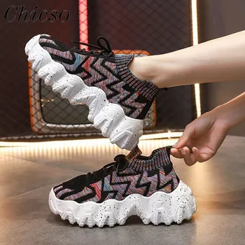 2023 spor ayakkabılar Kadın Bahar Yeni Moda Mix Renk Örme Kumaş Lace Up Casual vulkanize ayakkabı Koşu yürüyüş ayakkabısı