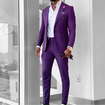 2023 Yeni Varış Erkek Takım Elbise Tepe Damat Düğün Takımları Siyah Mor Blazer Ceket Pantolon 2 Adet İş Resmi Klasik Kostüm