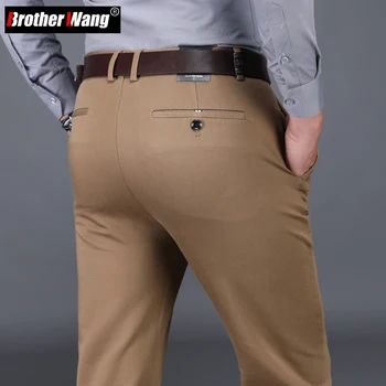 4 Renk Klasik Tarzı erkek Kahverengi Iş Düz Rahat Pantolon Katı Streç Pamuk Yüksek Bel Ofis Pantolon Erkek Marka