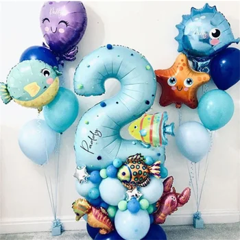 44 Adet Deniz Altında Okyanus Hayvan Balonlar Mavi Numarası Balon Deniz Tema Parti Çocuklar Mutlu Doğum Günü Partisi Dekorasyon Bebek Duş