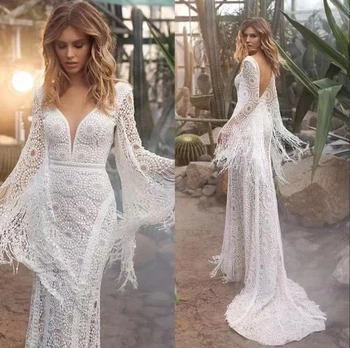 #9652 Uzun Kollu Seksi Dantel V Yaka Kılıf düğün elbisesi Backless Plaj Ahır Çiftlik Artı Boyutu Custom Made 2021