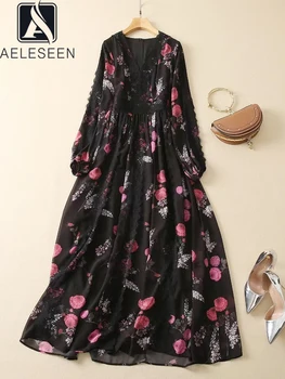 AELESEEN Tasarımcı Moda uzun elbise Kadınlar Vintage Fener Kollu Sonbahar V Yaka Kırmızı Çiçek Baskı Zarif Parti Tatil Vestidos
