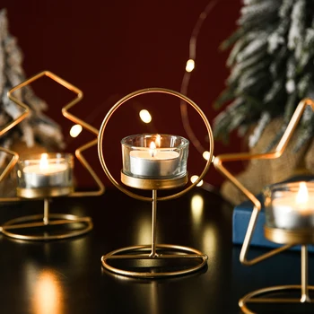 Altın Demir Mumluk Noel Süs Ev Dekorasyon İskandinav Yıldız Tealight Şamdan Cam Bardak Tutucu Fotoğraf Sahne