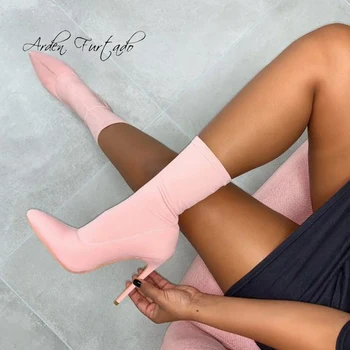Arden Furtado Bahar Kadın Pembe kısa Çizmeler Sivri Burun Stilettos Yüksek Heels12cm üzerinde Kayma Moda Seksi Parti Streç Çizmeler Size45