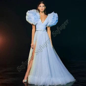Açık Mavi Aline Kabarık Kollu Abiye balo kıyafetleri Kemer Moda Robe De Soiree Ünlü Vestidos Fiesta Custom Made