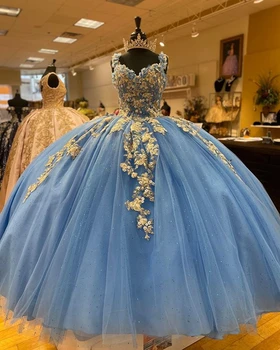 Açık Mavi Balo Quinceanera elbiseler Dantel Tatlı 16 Elbise Balo Abiye Altın Aplike vestido de 15 anos