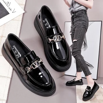 Bahar İngiliz Tarzı Küçük deri ayakkabı Kadın siyah ayakkabı Zarif Loafer'lar Platformu Rahat tek ayakkabı Kadın Tüm Maç Moda