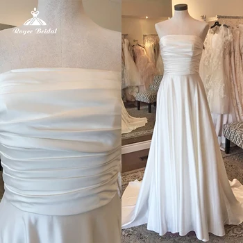 Basit A-Line düğün elbisesi Kadınlar İçin gelinlikler Boho Seksi Tekne Boyun Kolsuz Backless Düğme Saten Plise Süpürme vestido robe