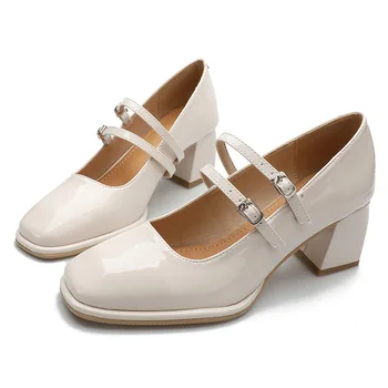 Bayan Zarif Kare Burunlu Ayakkabı Kadın Yeni Kalın Topuklu Yüksek Topuklu Büyükanne Ayakkabı Orta Topuk Loafer'lar Retro Mary Jane kadın ayakkabısı sh8
