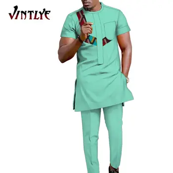Bazin Riche Afrika Giysi Erkekler için 2 Adet Set Patchwork Afrika Gömlek ve pantolon seti Dashiki Erkek Takım Elbise Kısa Kollu V WYN1603