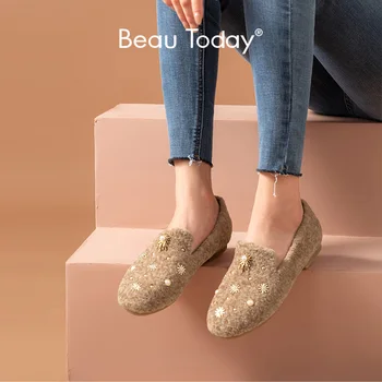 BeauToday Kış kürk ayakkabı Kadın Loafer'lar Örgü Yün Metal Bling Dekorasyon Yuvarlak Ayak Slip-On Kadın Flats El Yapımı 27835