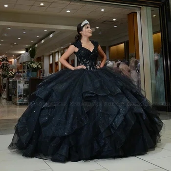 Benzersiz Siyah Quinceanera Elbiseler 2022 Balo Balo Parti Kızlar Pageant Tatlı 15 16 Dantel Aplike Katmanlar Doğum Günü 15 Vestidos