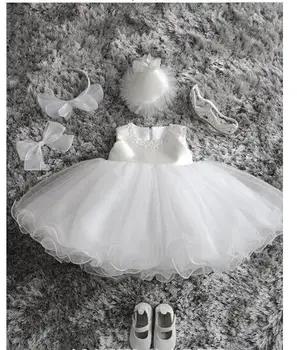 Beyaz Çiçek Kız düğün elbisesi Vaftiz Vaftiz Elbisesi Pageant Elbise İnciler Toddler Kız Prenses Elbise 2-12 Y