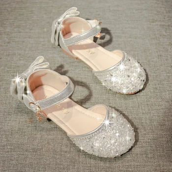 Bling küçük kızın 3D glitter flats tatlı yay geri ayak bileği kayışı gümüş pembe düğün çiçek kız prenses doğum günü parti ayakkabıları