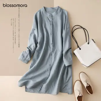 Blossomora Beyaz Katı Gevşek Hırka Vintage uzun elbise Rahat Standı Yaka Tam Kollu Bahar Sonbahar Gömlek Vestido Kadınlar 2022