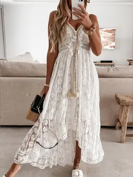 Boho Elbise Kadın Yaz Maxi Elbise Bayan Kapalı Omuz Tatil Dantel V Boyun Spagetti Kayışı Sundress Beyaz Elbise Vestidos De Mujer
