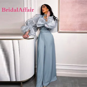 BridalAffair Tozlu Mavi Kadınlar Örgün Akşam Tulum Uzun Kollu Zarif Arapça Kadın elbiseler de soirée Balo Pantolon Kıyafet Konfeksiyon