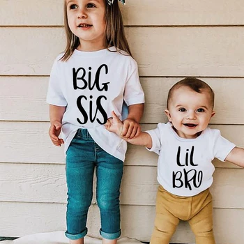Büyük Kardeş Küçük Kardeş Twins Çocuklar Tshirt Yaz Kısa Kollu Mektup Üstleri Kız Erkek Grafik Tee Twins Eşleşen Kıyafet T-shirt