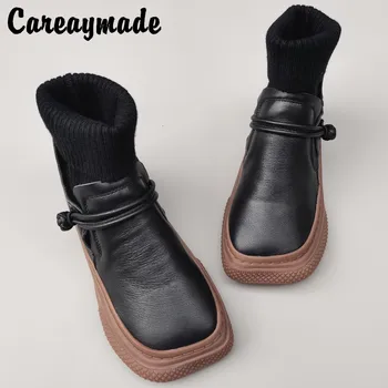 Careaymade-Hakiki Deri Vintage kadın çorap saf deri azınlık tasarım orijinal tek el yapımı kalın tabanlı ayakkabılar çizmeler 