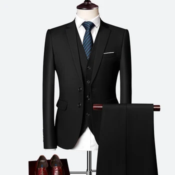 Ceket + Pantolon + Yelek / 2021 Yeni Erkek İş İnce Takım Elbise Setleri düğün elbisesi Üç parçalı Takım Elbise Blazers Ceket Pantolon Yelek Takım Elbise
