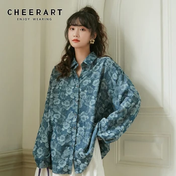 CHEERART Vintage Çiçekli Uzun Kollu Bluz Kadınlar Gevşek Üst Düğme Yaka Gömlek Mavi Güz 2020 Kore moda giyim