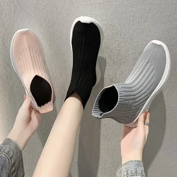 comemore Çorap Ayakkabı Kadın 2021 Sonbahar Platform Çizmeler kadın Rahat bayan ayakkabı Dokuma Patik Blok Topuk Kadın Ayakkabı 41
