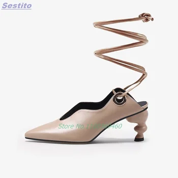 Dalga Garip Topuk Dantel-up Sandalet Sivri Burun Ayak Bileği Kayışı Kayısı Düz Renk Seksi Roma Kadın Ayakkabı Yaz Roman Moda Rahat
