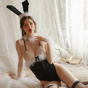 Dantel Seksi Derin V Günaha Tutku Tavşan İç Çamaşırı Seksi Kostüm dekolte Tavşan Üniforma Günaha Açık Kasık Tulum